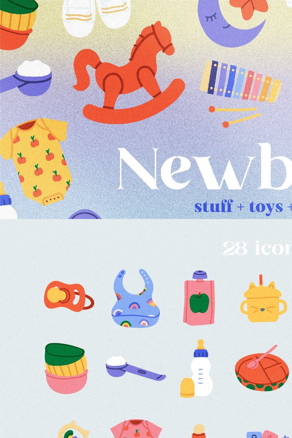 Newborn stuff. Baby toys, food icons pinterest preview image.