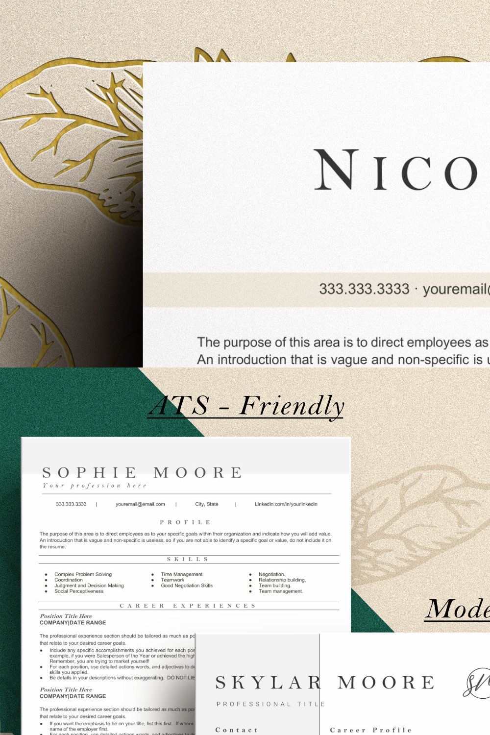 NICOLE - ATS Resume Template + BONUS pinterest preview image.