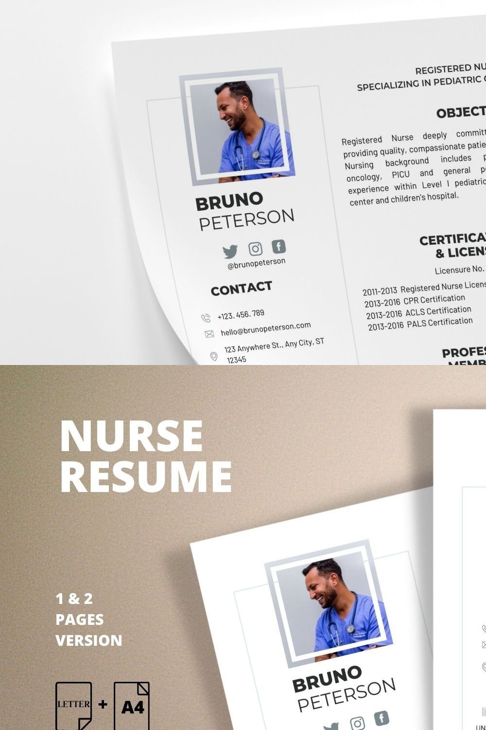 Nurse Resume Template, Modern CV pinterest preview image.