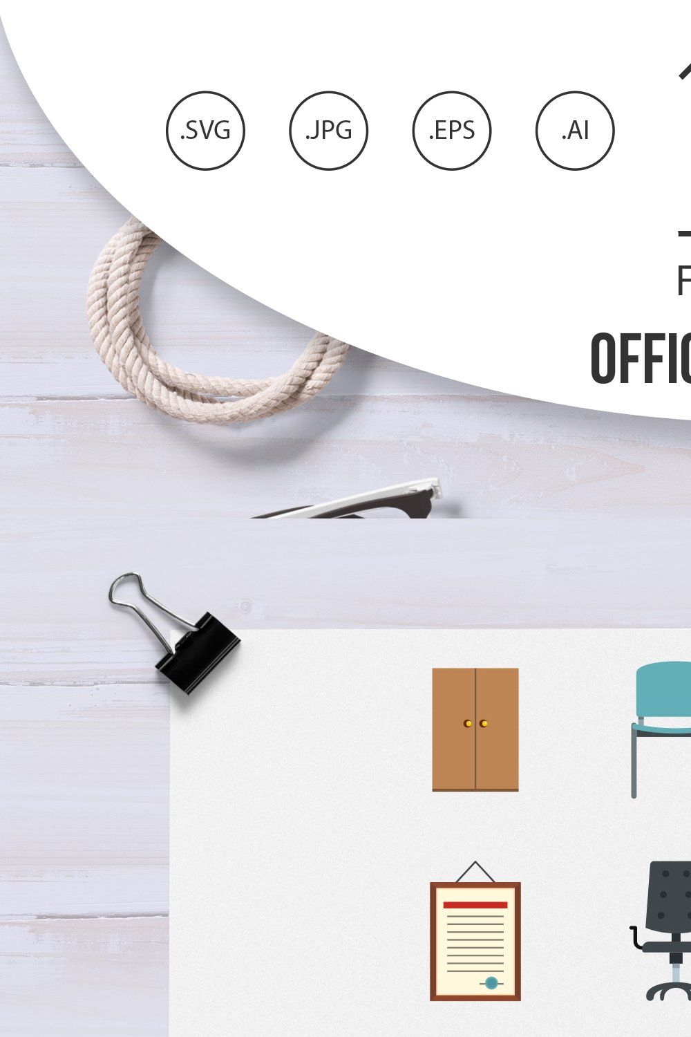 Office furniture icons set in flat pinterest preview image.