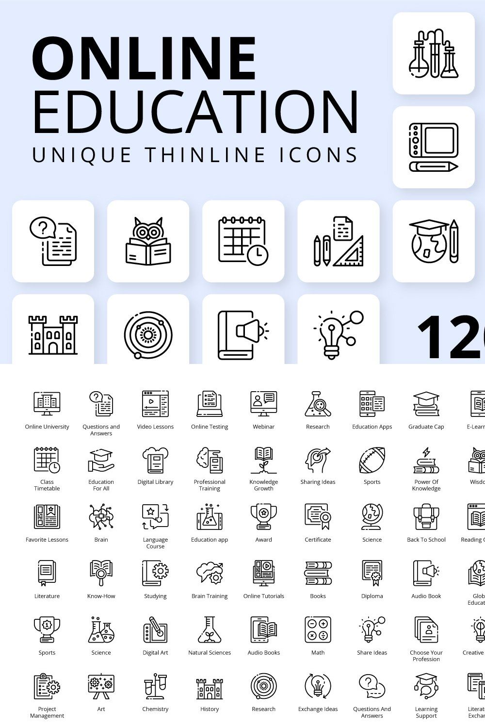Online Education Icons pinterest preview image.