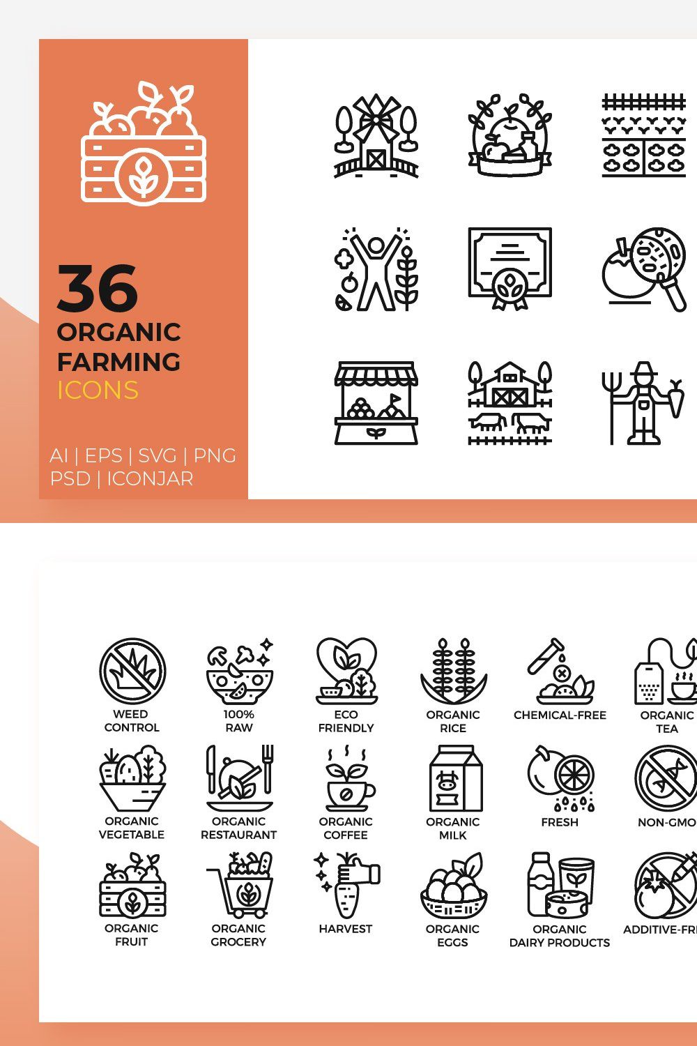 Organic Farming Icons pinterest preview image.