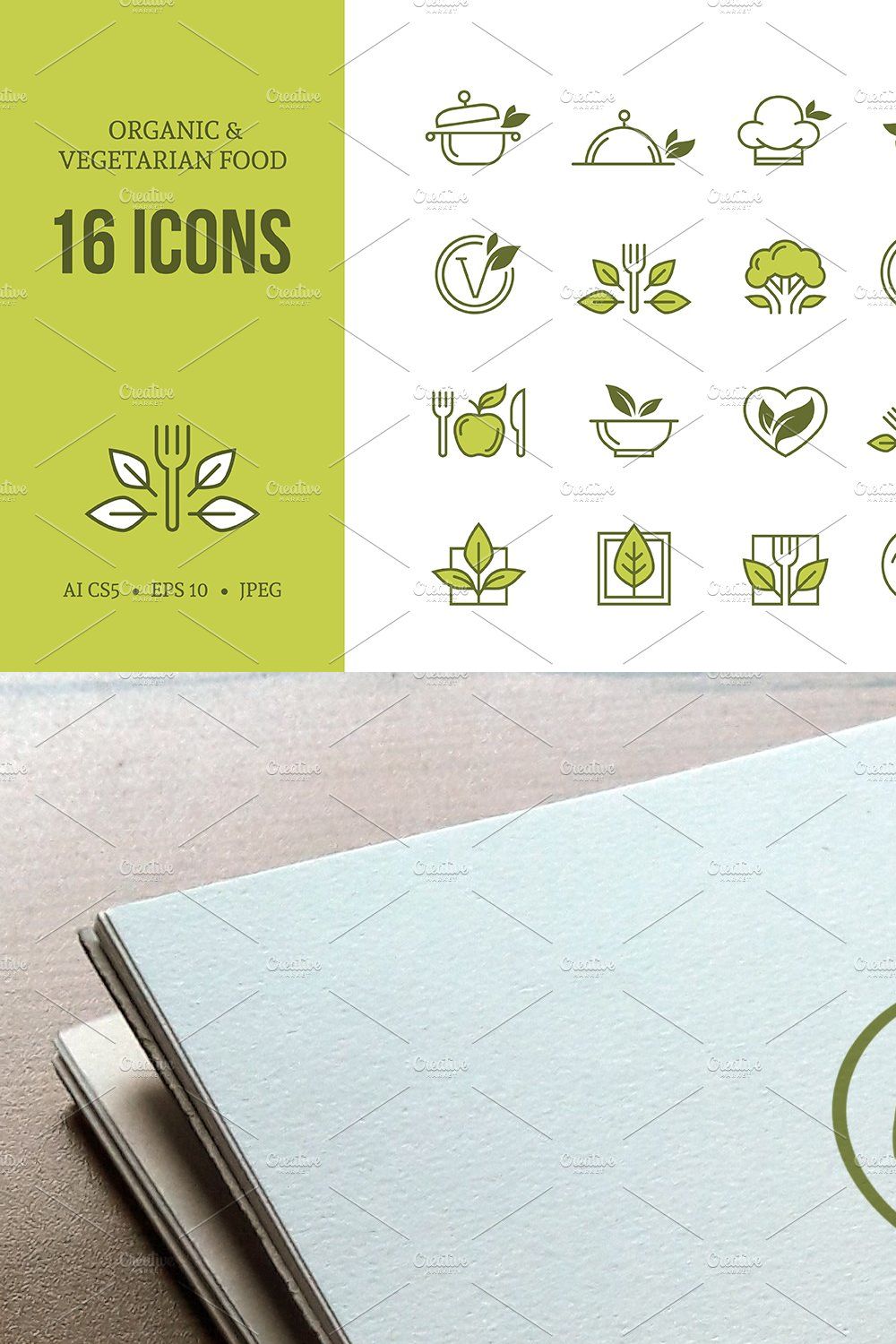 Organic & vegetarian food icons set pinterest preview image.