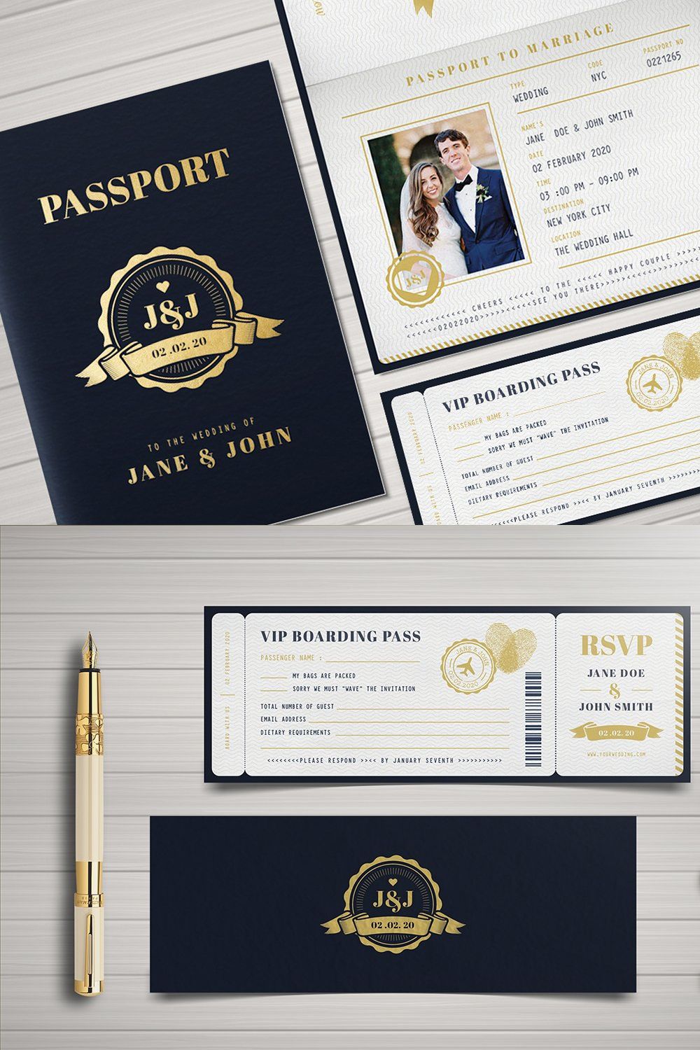 Passport Wedding Invitation pinterest preview image.