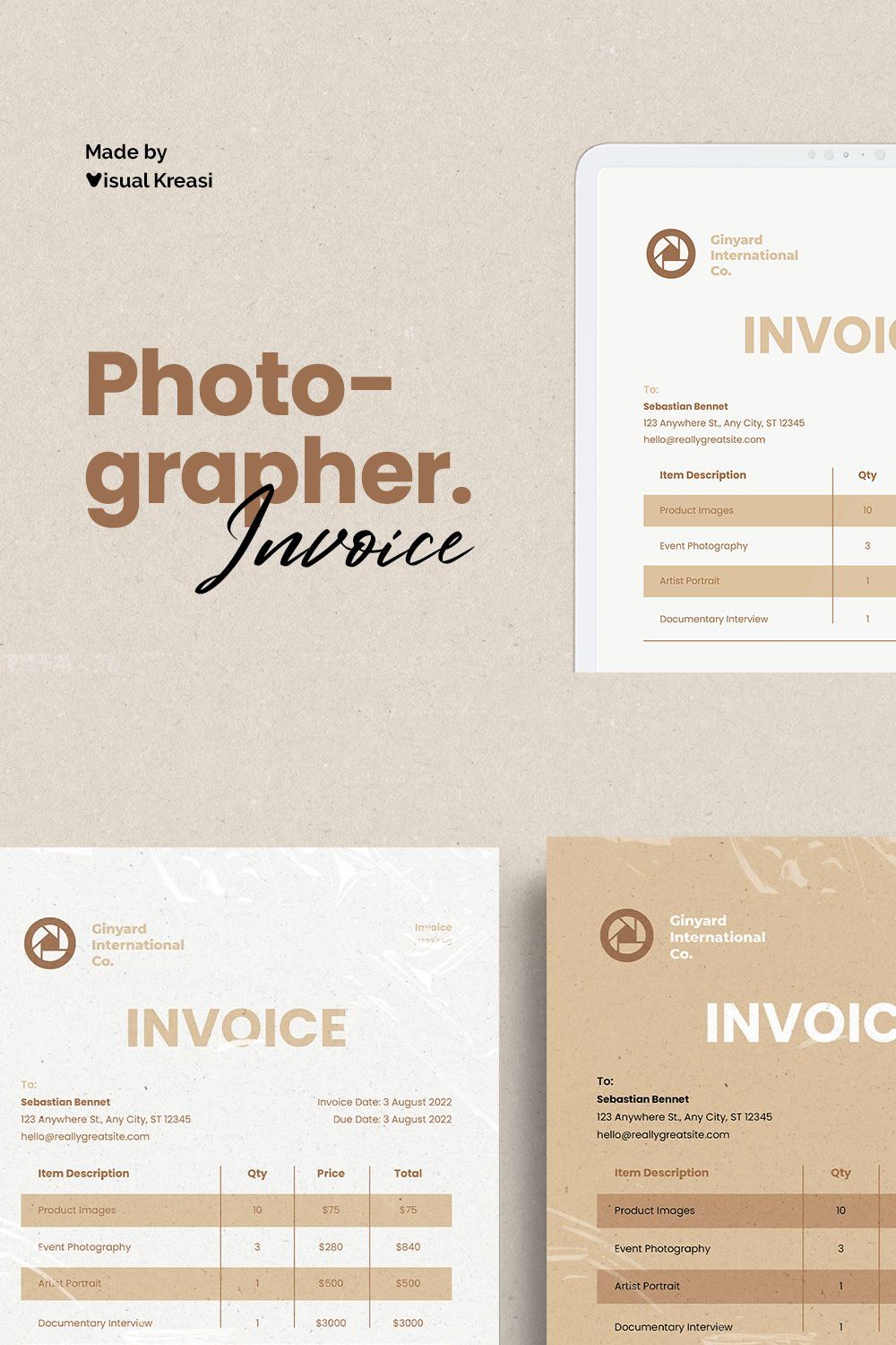 Photographer Invoice Template pinterest preview image.