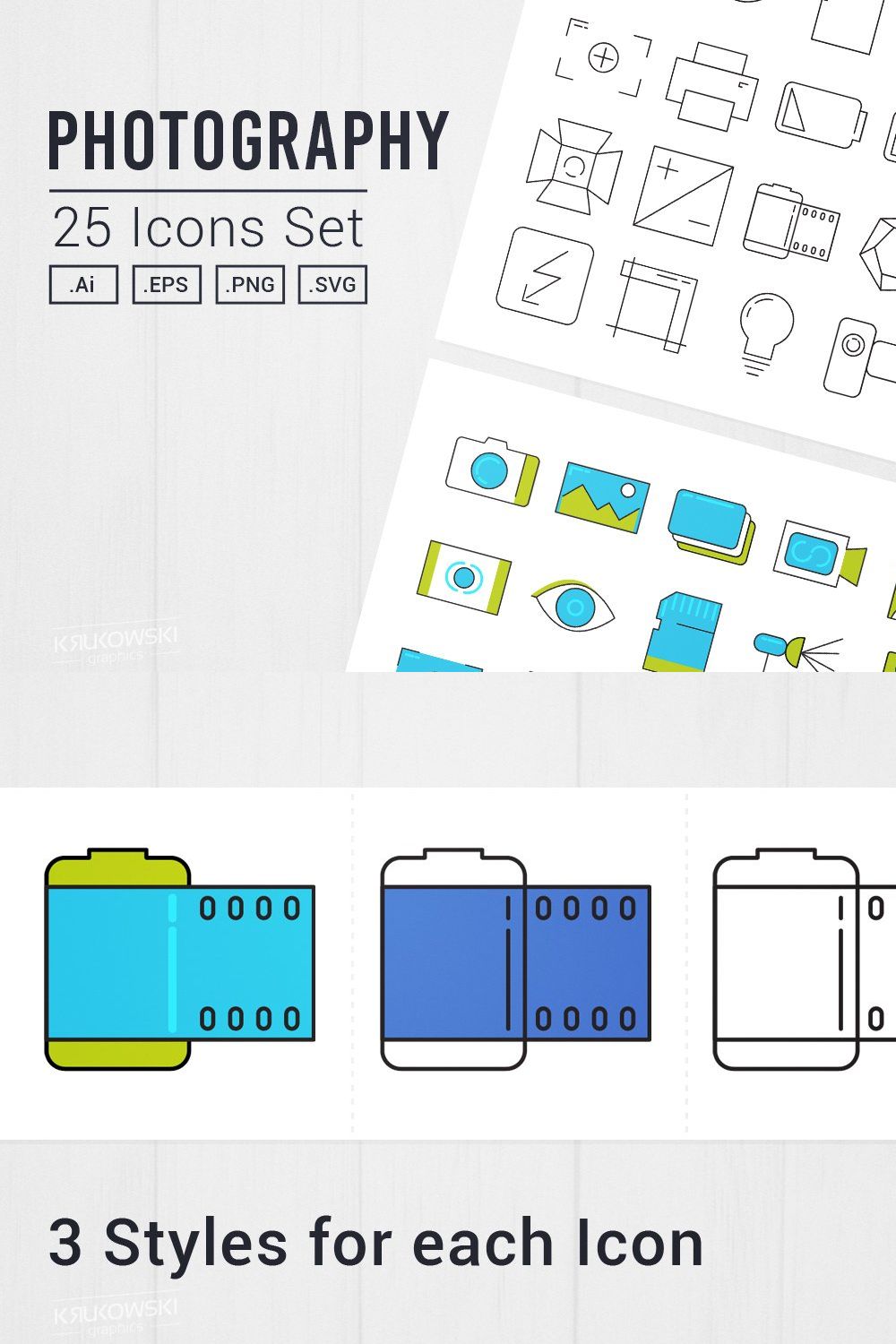 Photography 25 Icons Set UI/UX pinterest preview image.