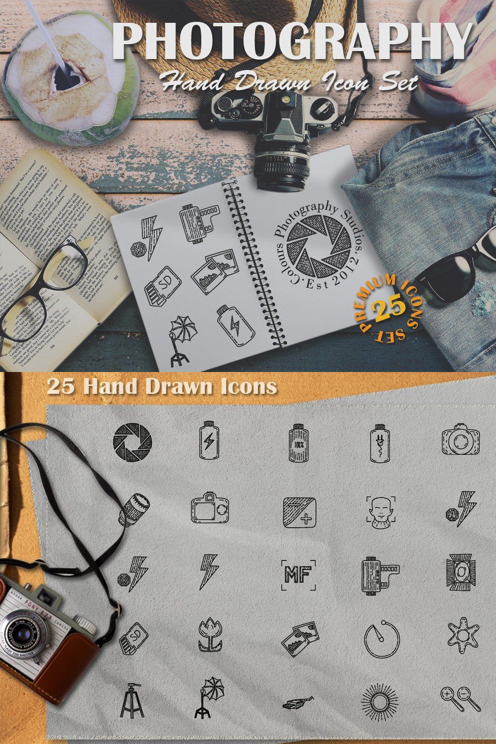 Photography Hand Drawn Icons, Logos pinterest preview image.