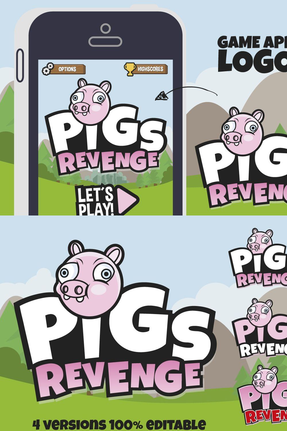 PigsRevenge! Game App Logo Template pinterest preview image.