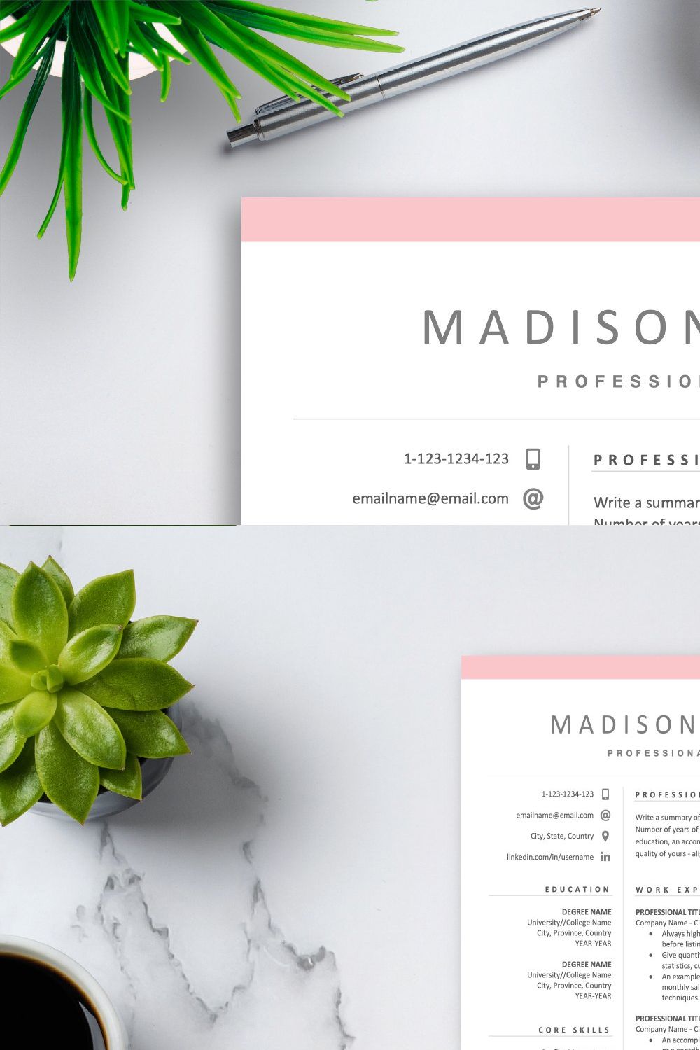 Pink Resume Template Bundle Download pinterest preview image.