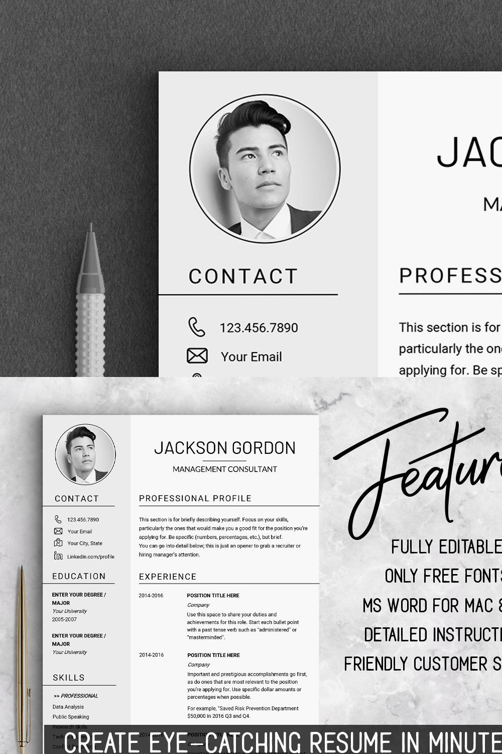 Professional RESUME TEMPLATE / JG pinterest preview image.