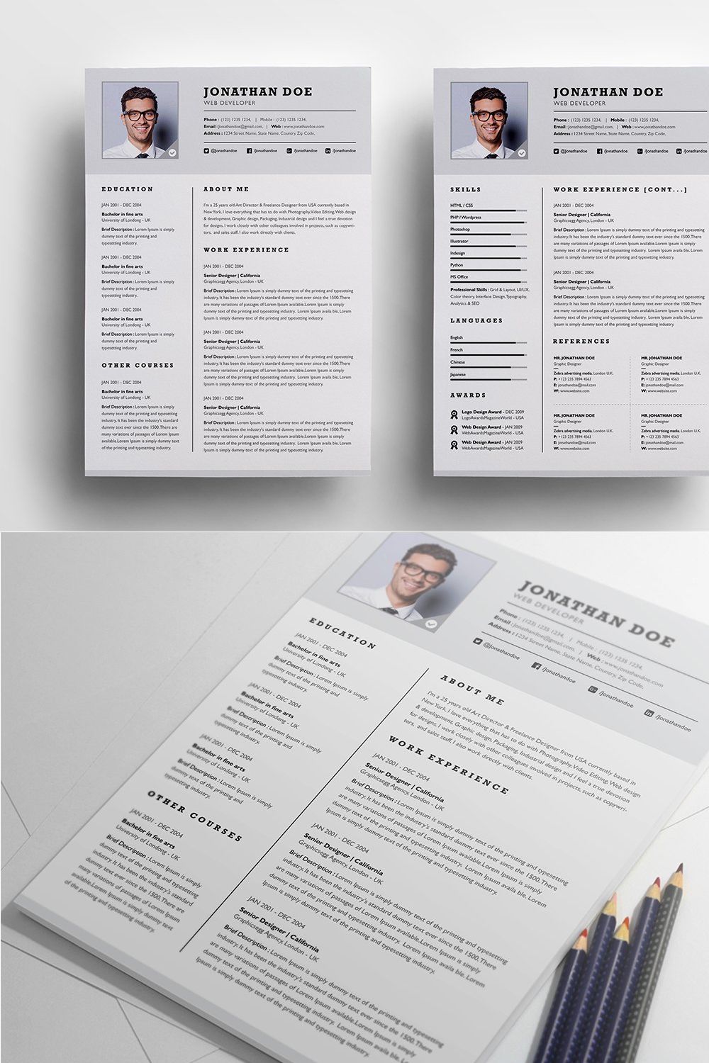 Professional two page resume set pinterest preview image.