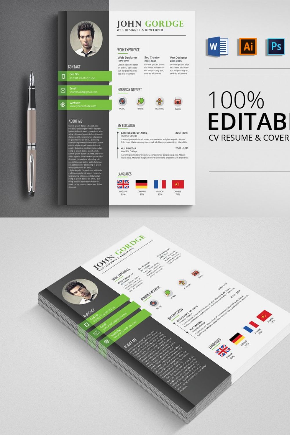 Professional Word CV Template pinterest preview image.