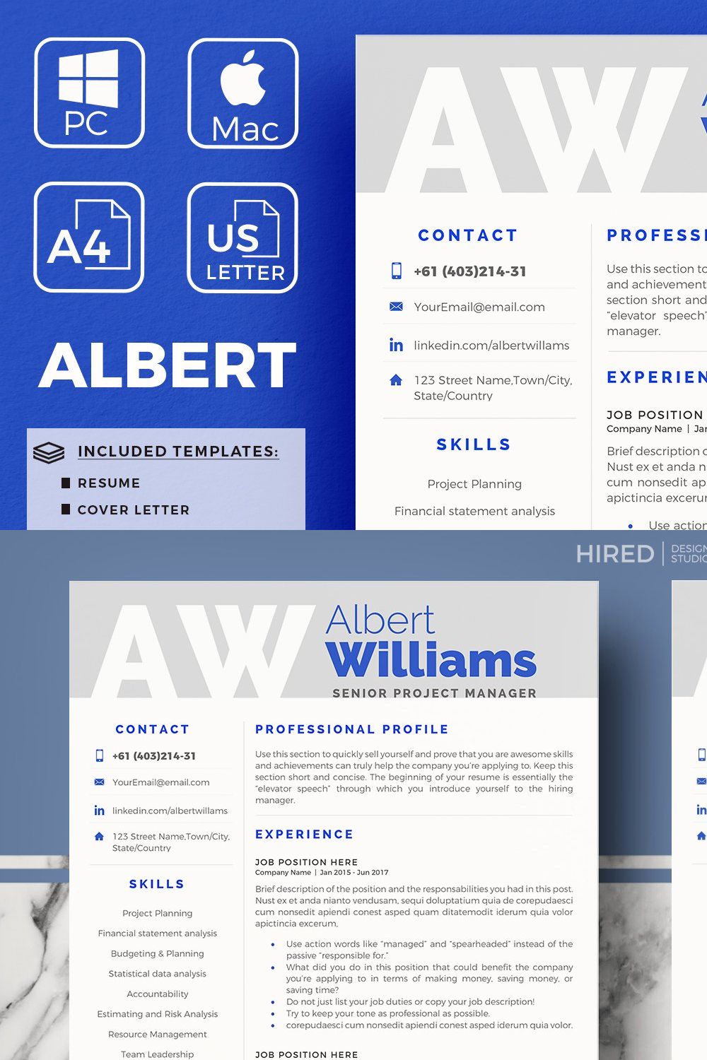 Project Manager Resume, CV templates pinterest preview image.