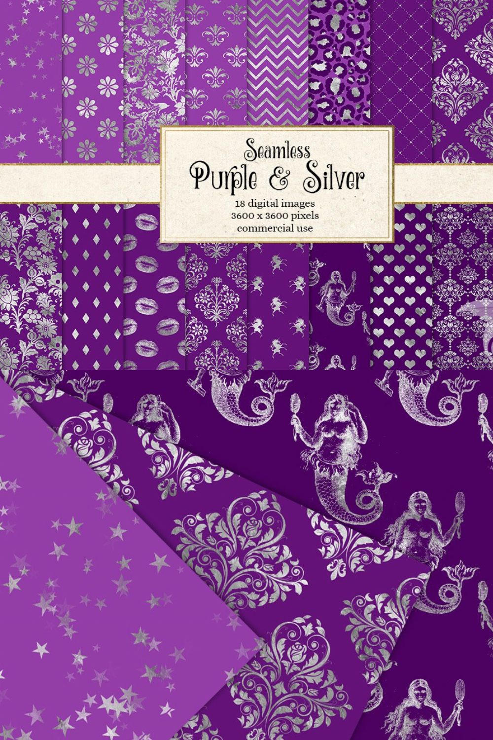 Purple and Silver Digital Paper pinterest preview image.