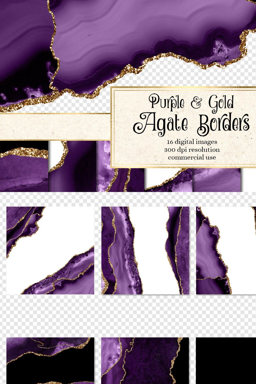 Purple & Gold Agate Borders pinterest preview image.