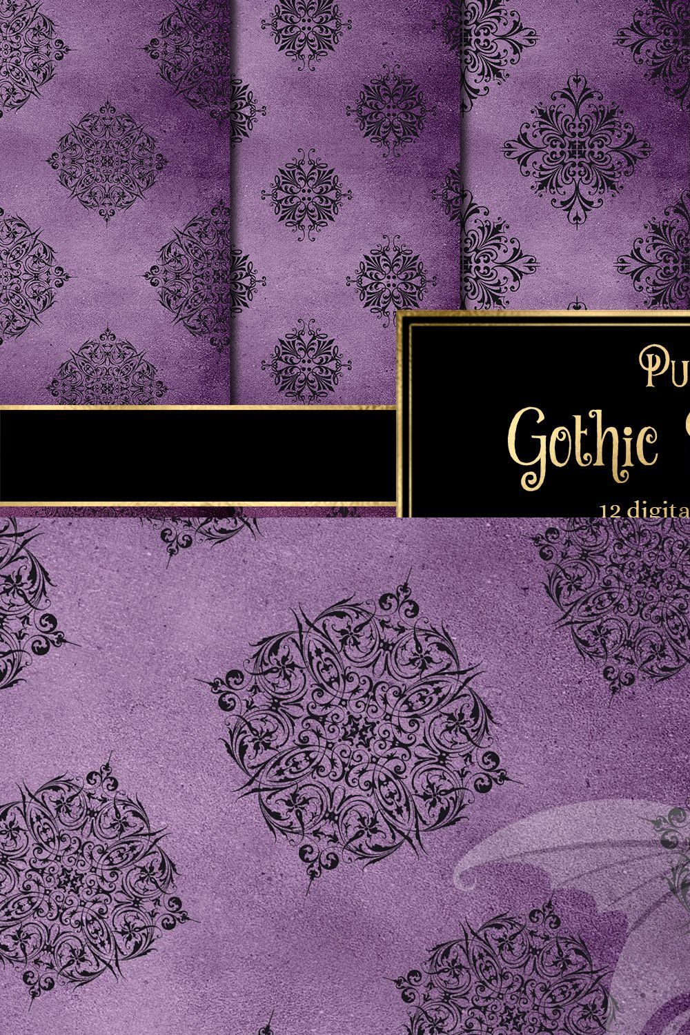 Purple Gothic Damask Digital Paper pinterest preview image.