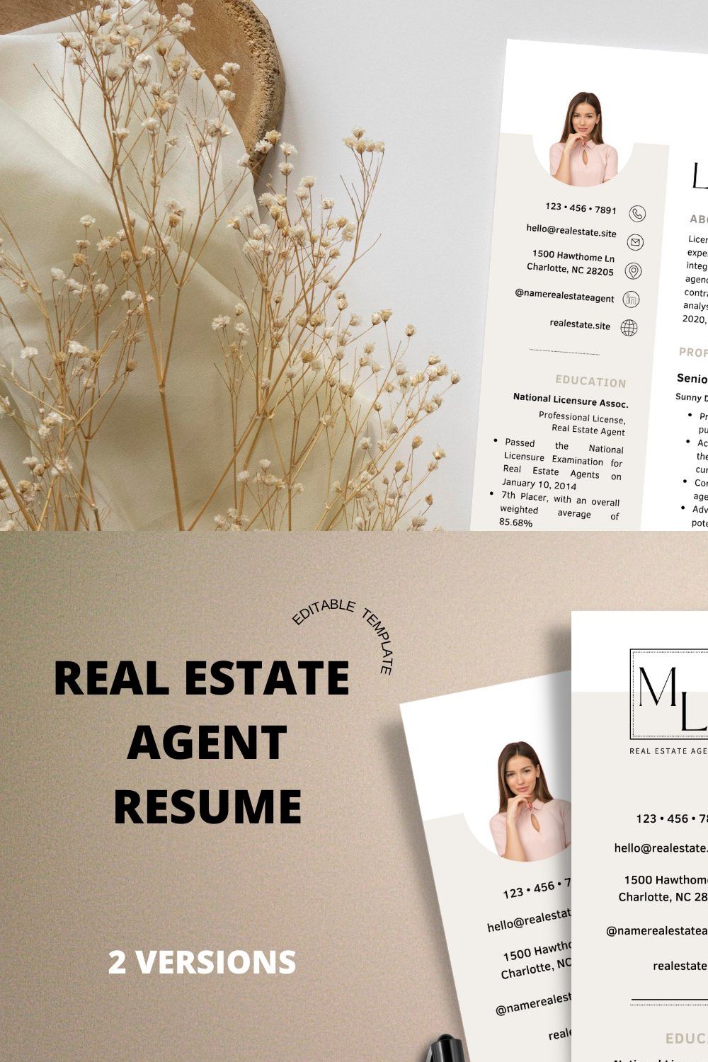 Real Estate Resume Template pinterest preview image.