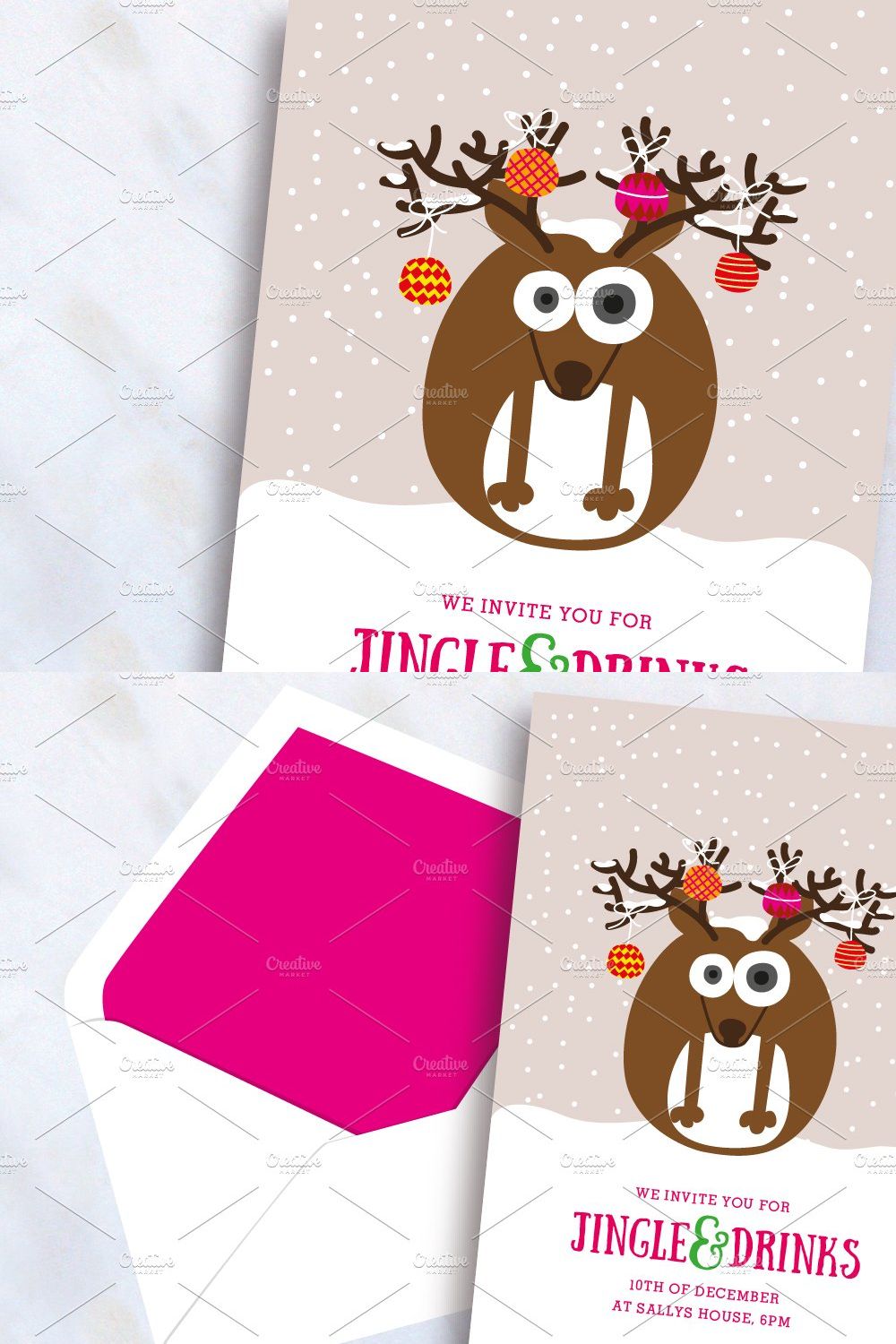 Reindeer Christmas Invite pinterest preview image.