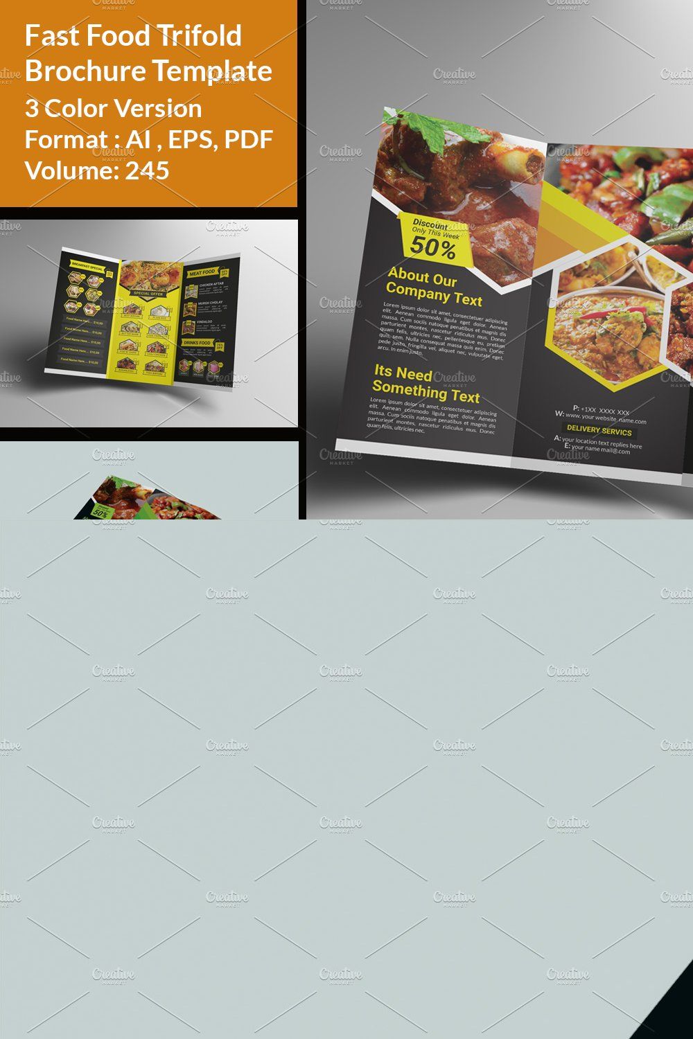 Restaurant Food Menu Tri Fold Design pinterest preview image.