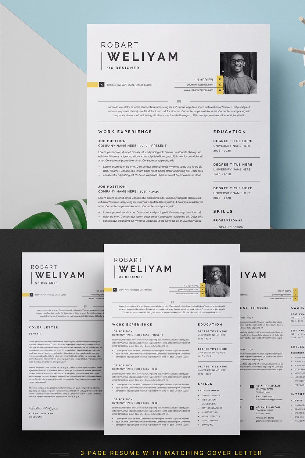 Resume CV / Cover Letter Template pinterest preview image.