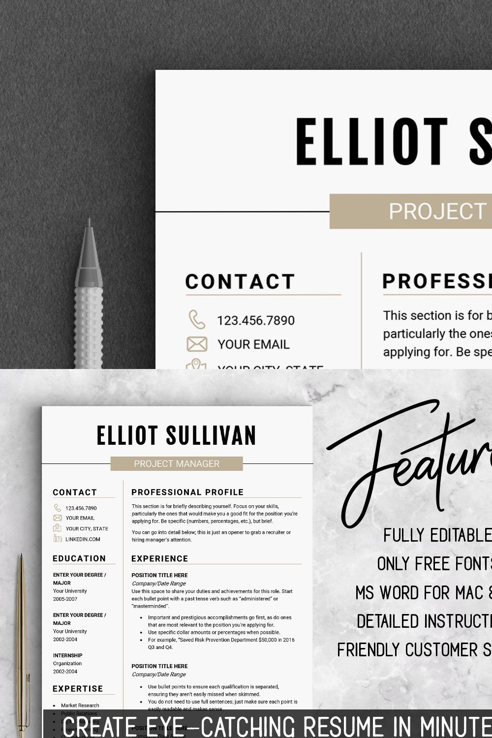 RESUME Design CV Template (MS Word) pinterest preview image.