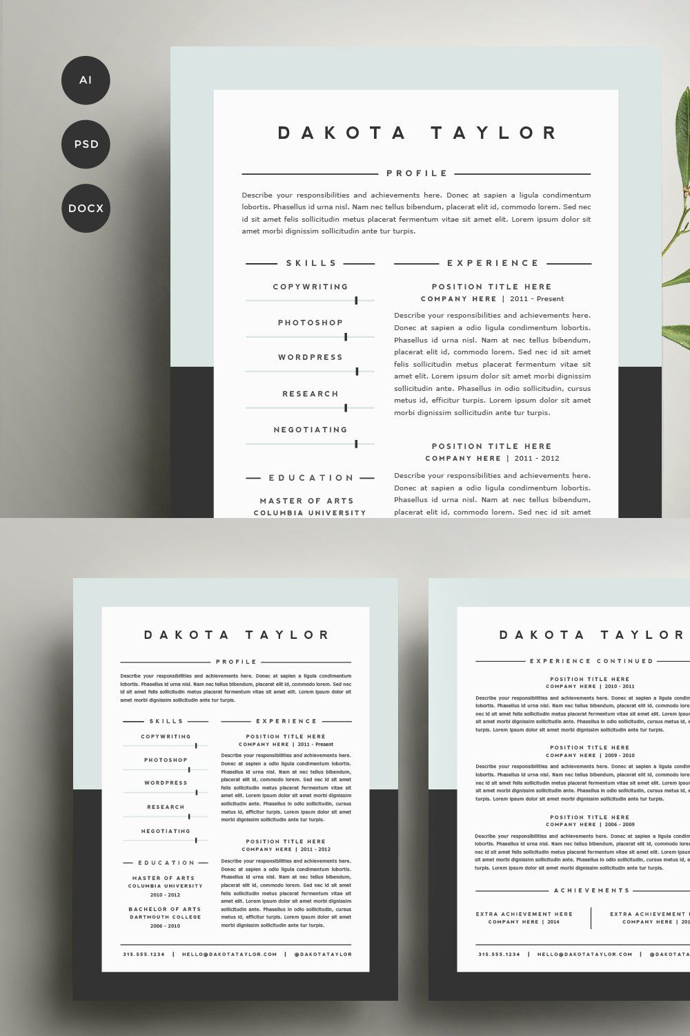 Resume Template 4 Pack | CV Template pinterest preview image.