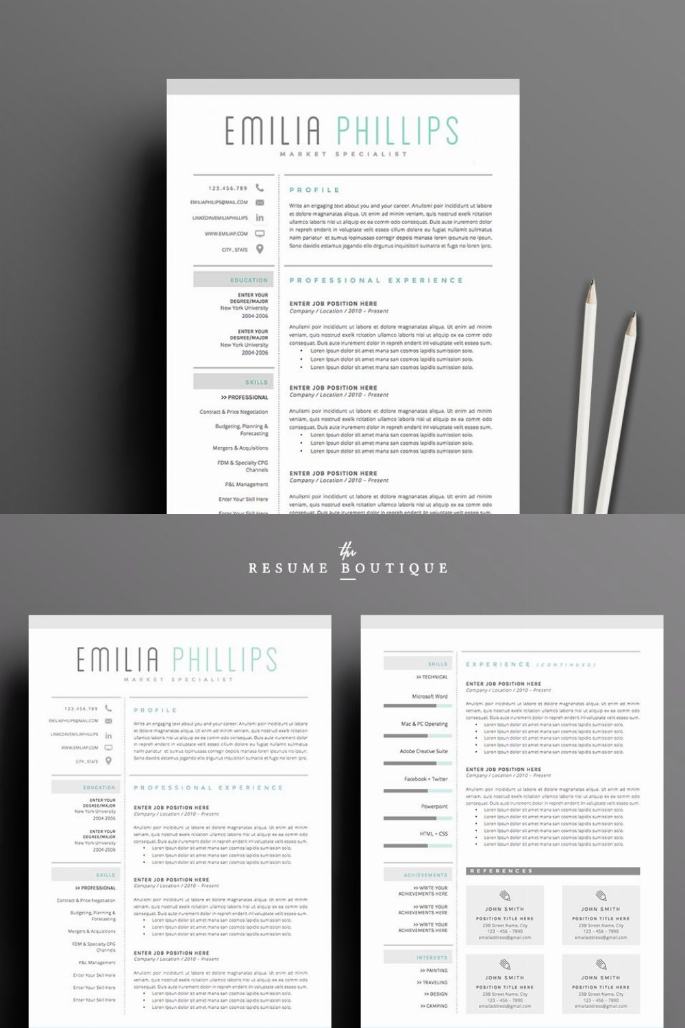 Resume Template 4 page pack | Aqua pinterest preview image.