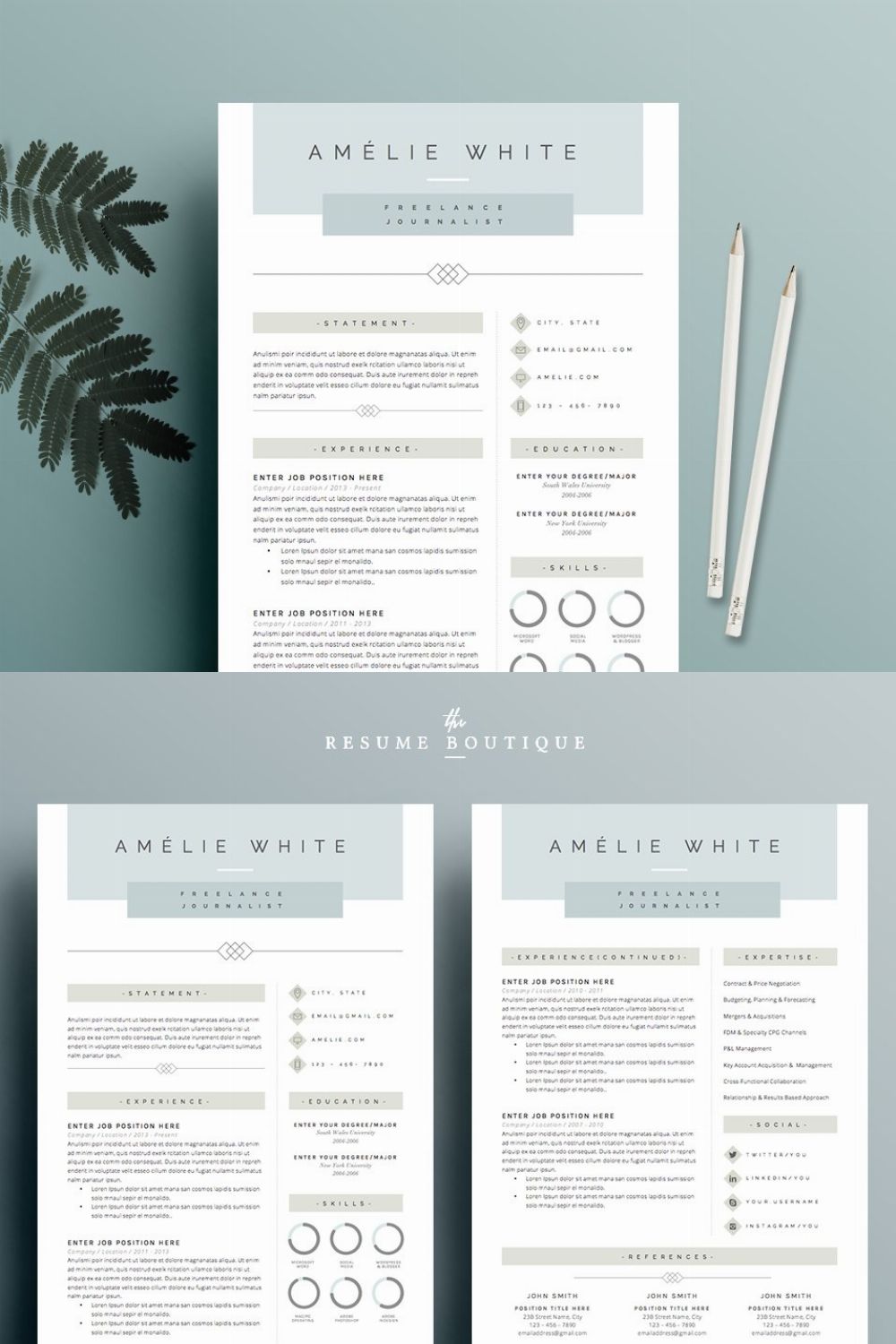 Resume Template 4 page pack | Opal pinterest preview image.