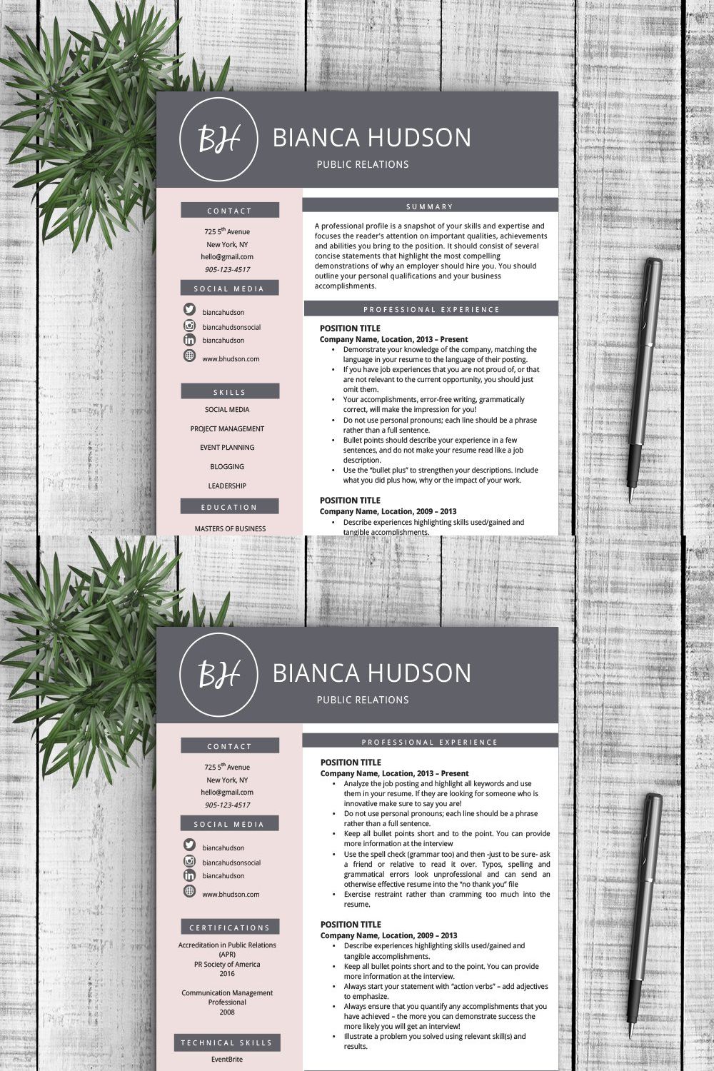 Resume Template "Bianca" pinterest preview image.