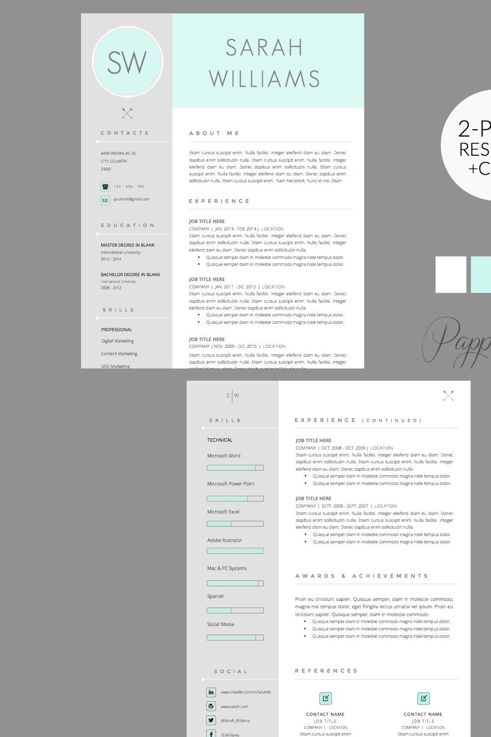 Resume Template + Cover Letter WORD pinterest preview image.