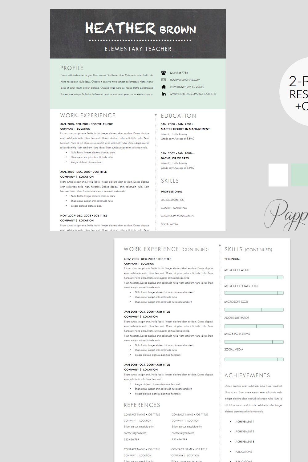 Resume Template + Cover Letter WORD pinterest preview image.