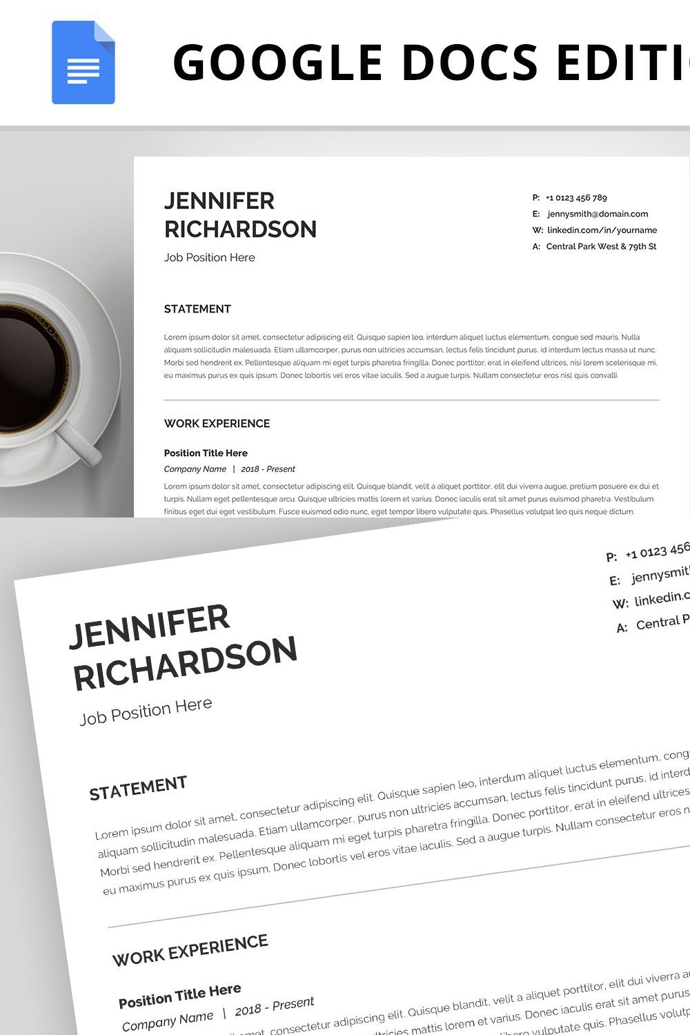 Resume Template, CV, Google Docs pinterest preview image.