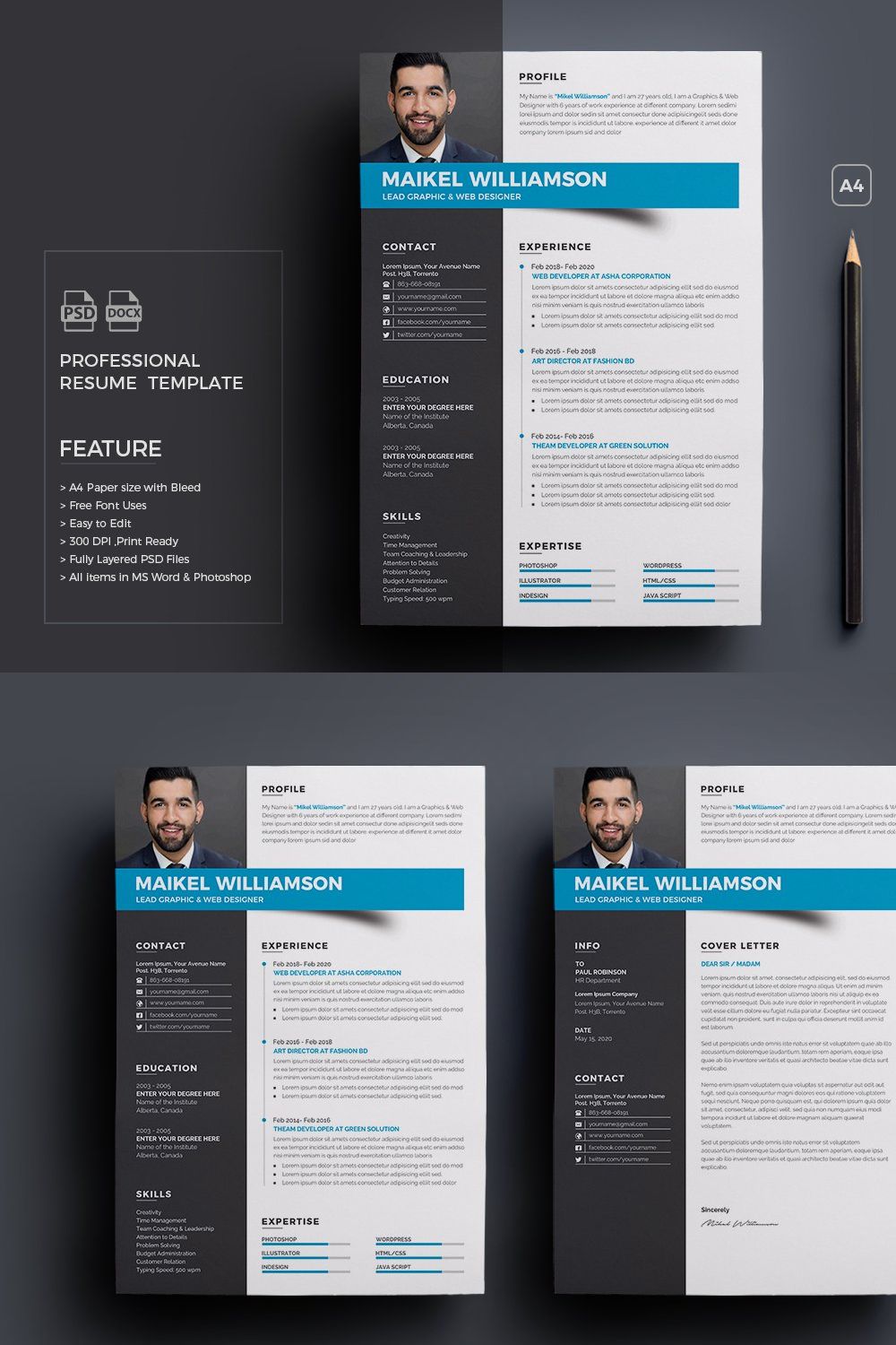 Resume Template/CV pinterest preview image.