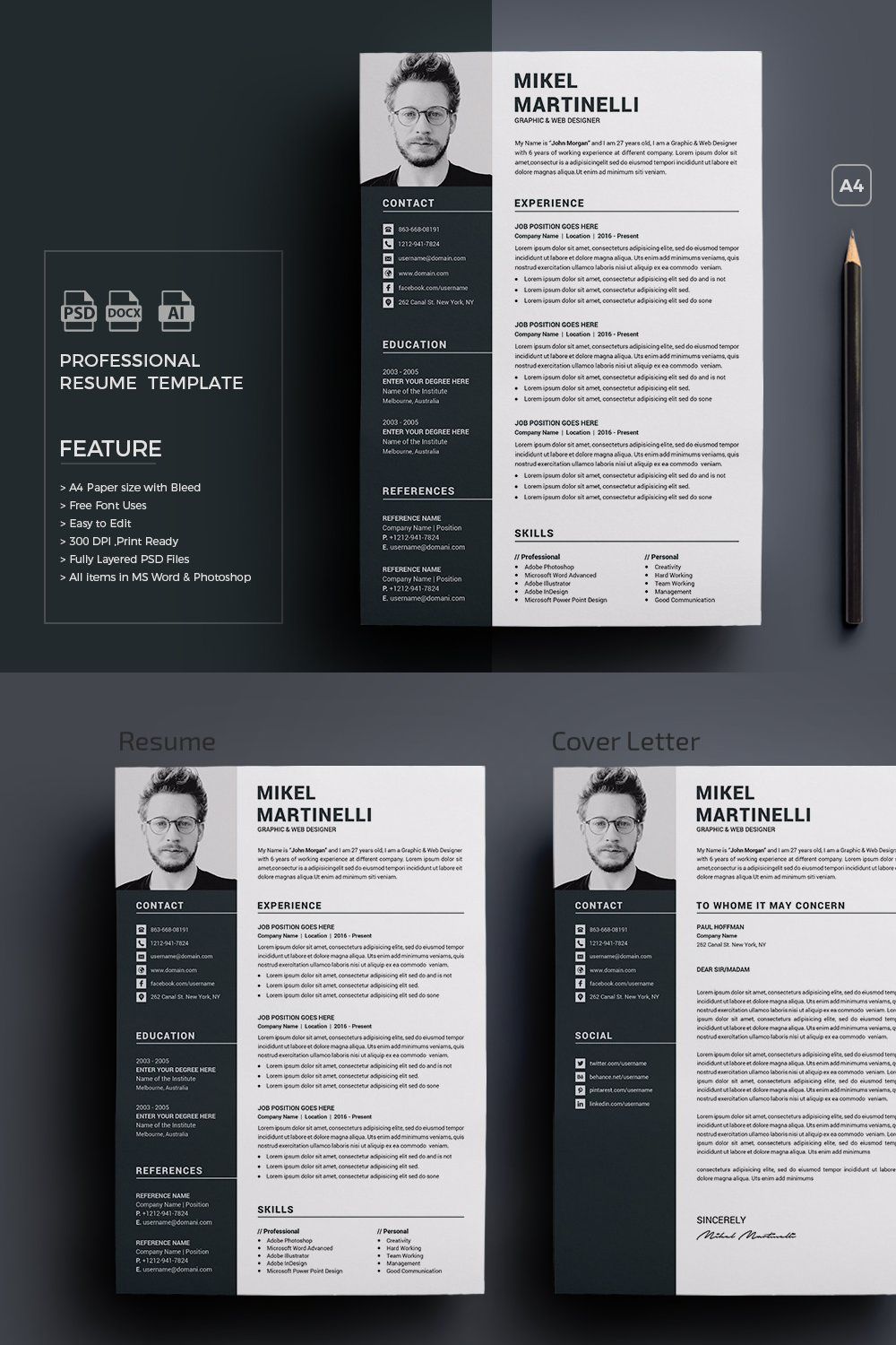 Resume/CV Word Template pinterest preview image.