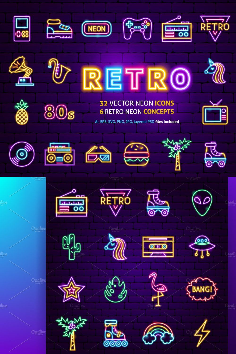 Retro Neon Vector Icons Set pinterest preview image.