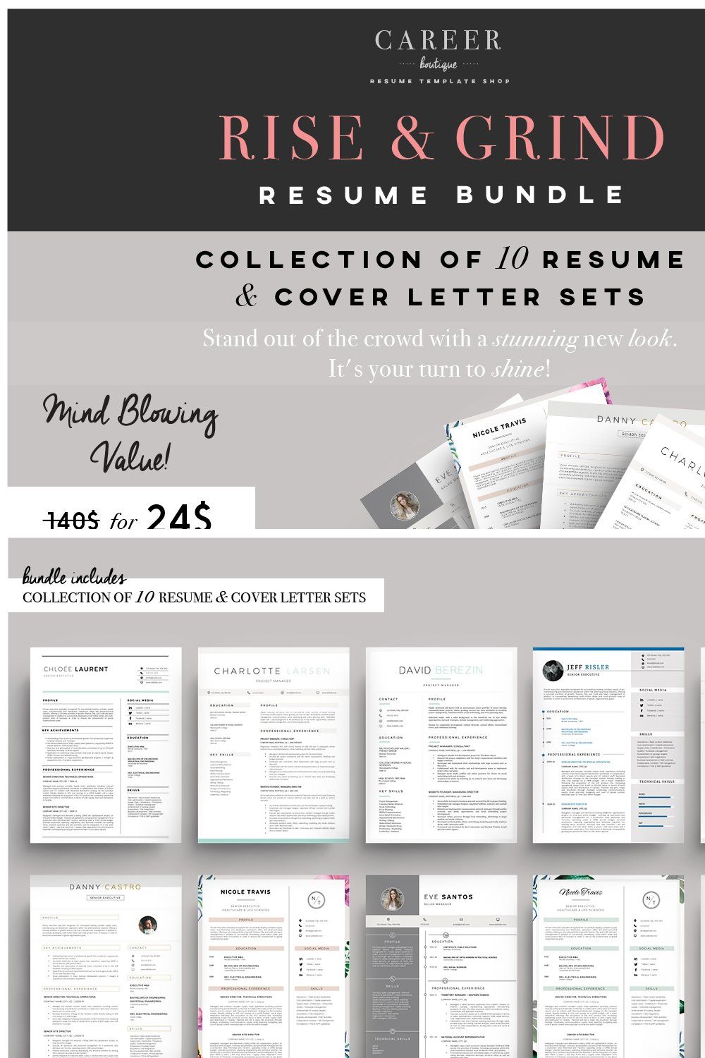 Rise & Grind-Resume & letter Bundle pinterest preview image.