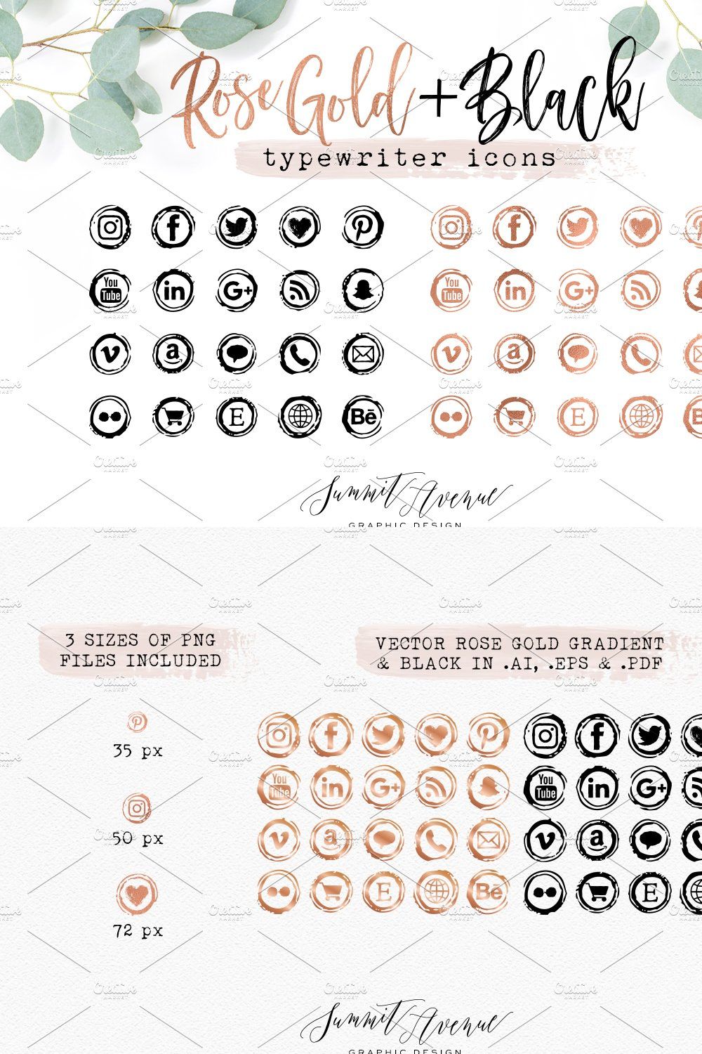 Rose Gold Vintage Typewriter Icons pinterest preview image.