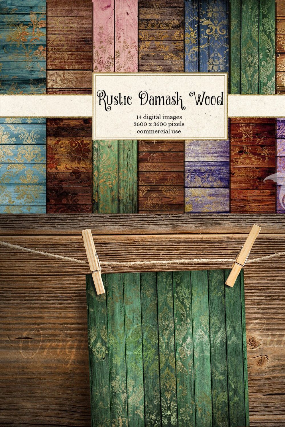 Rustic Damask Wood Digital Paper pinterest preview image.