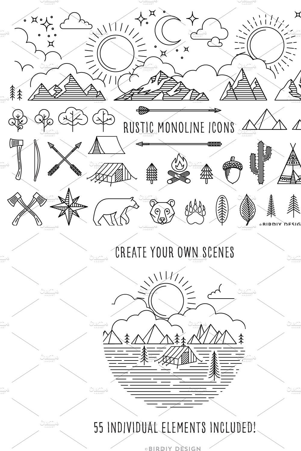 Rustic Monoline Icons and Designs pinterest preview image.