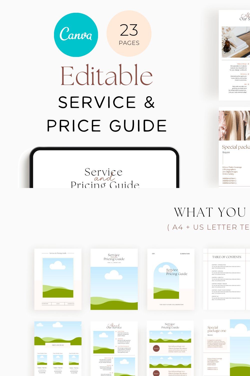 Service and Pricing Canva template pinterest preview image.