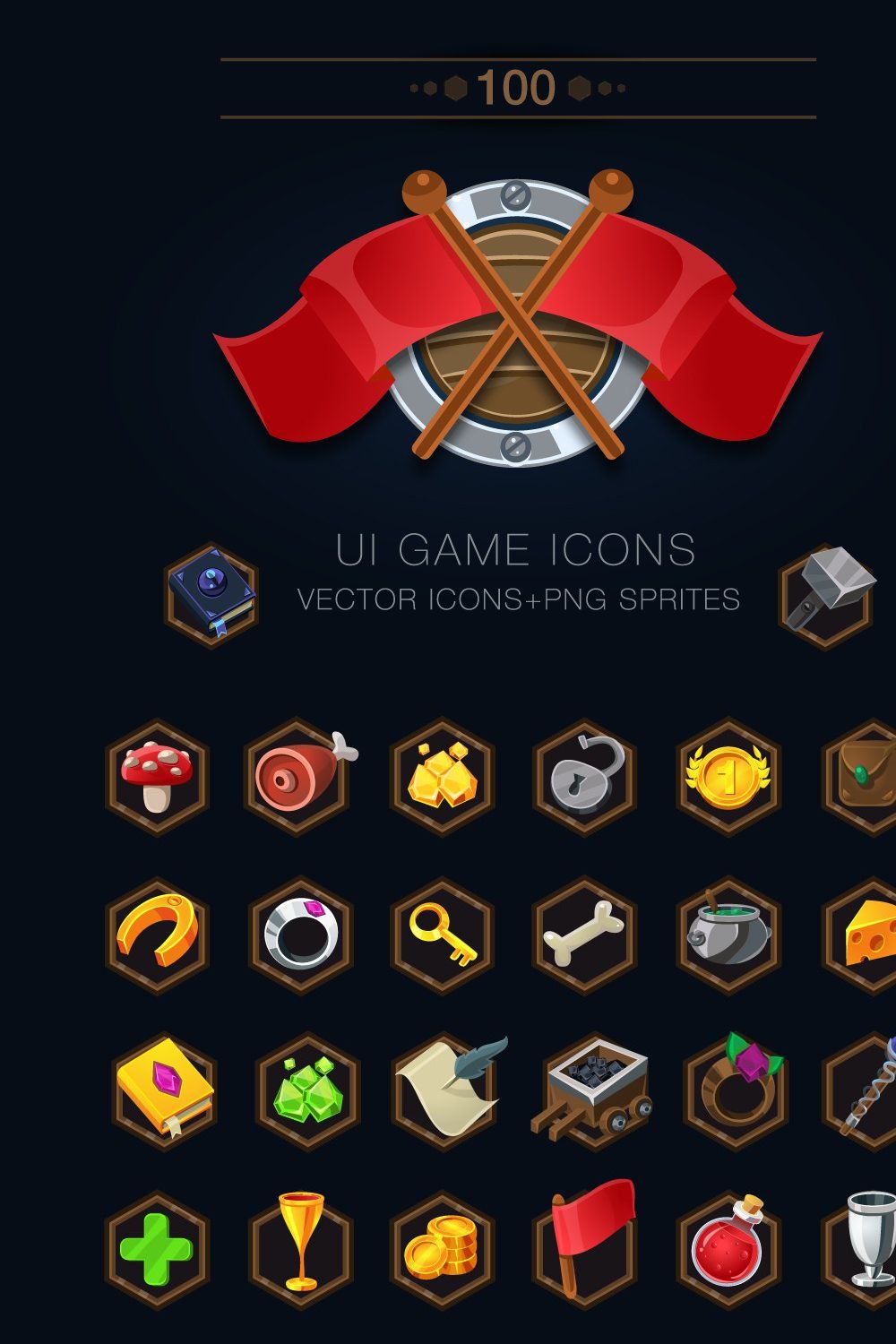 Set of 100 game icons pinterest preview image.