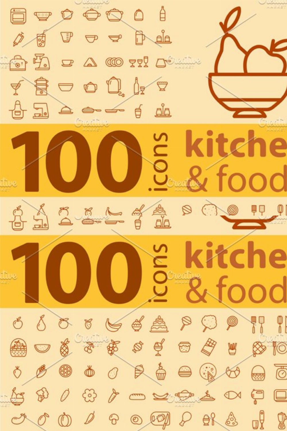 Set of 100 kitchen icons. pinterest preview image.