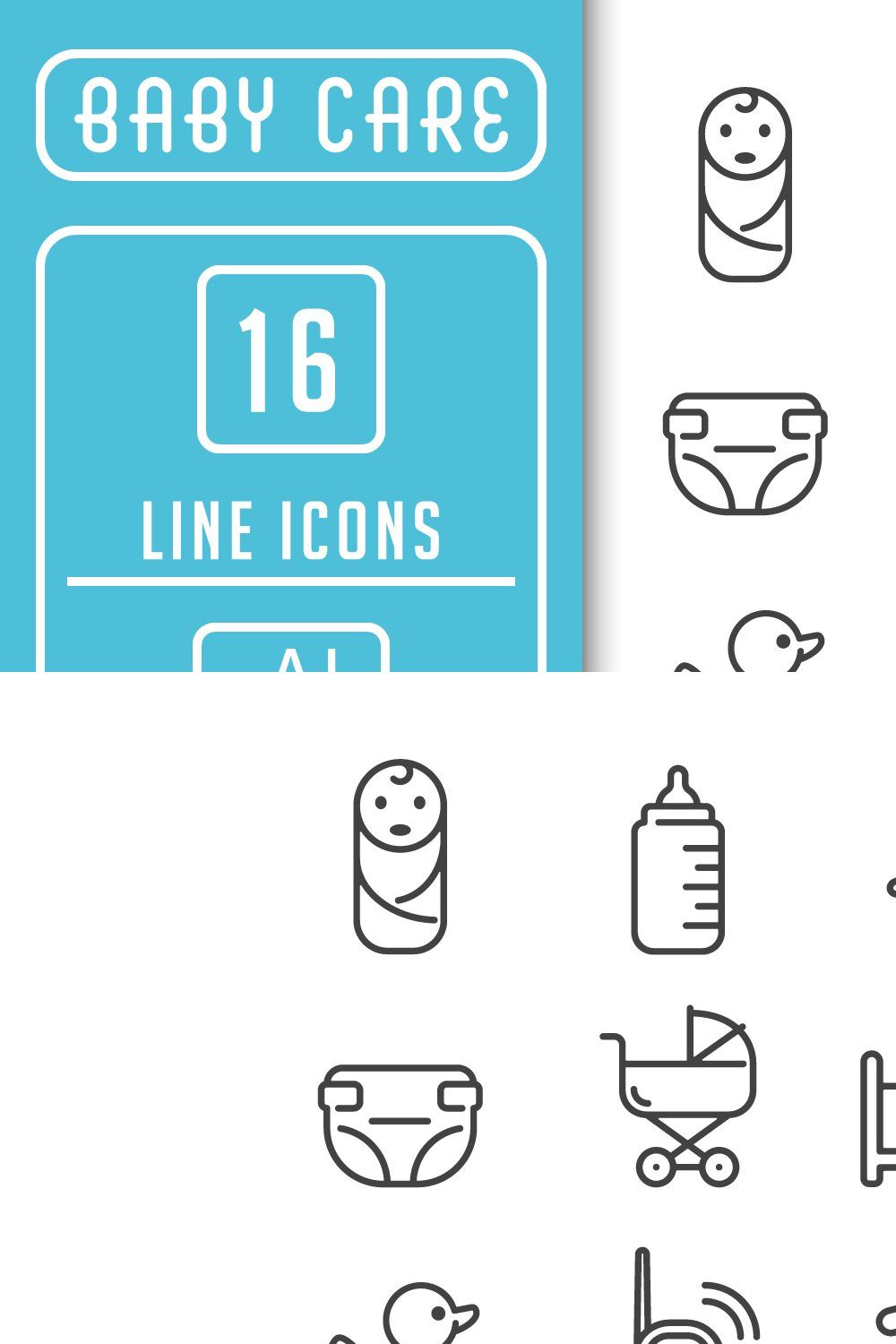 Set of 16 baby care outline icons pinterest preview image.