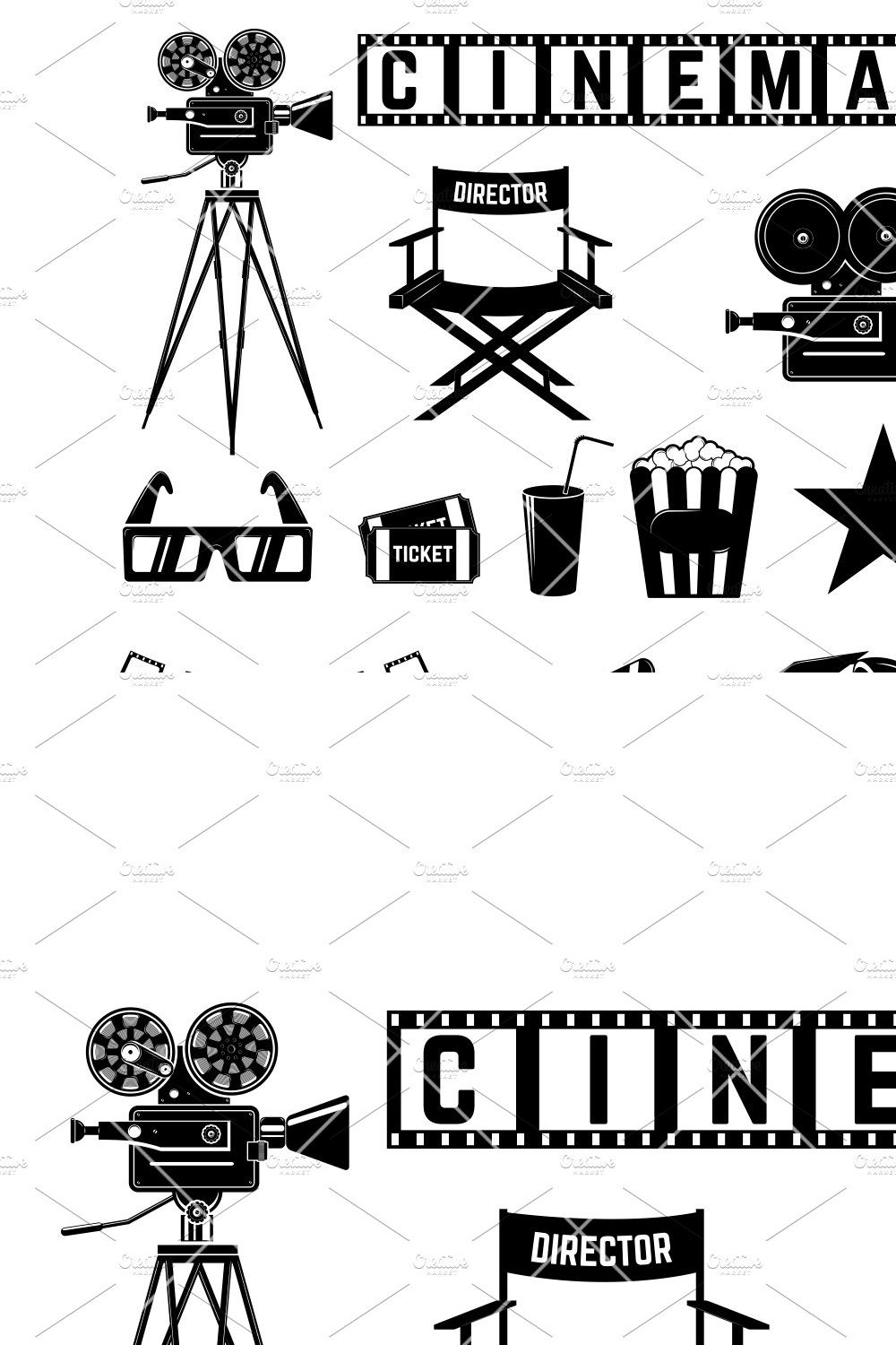 Set of cinema icons. Directors chair pinterest preview image.