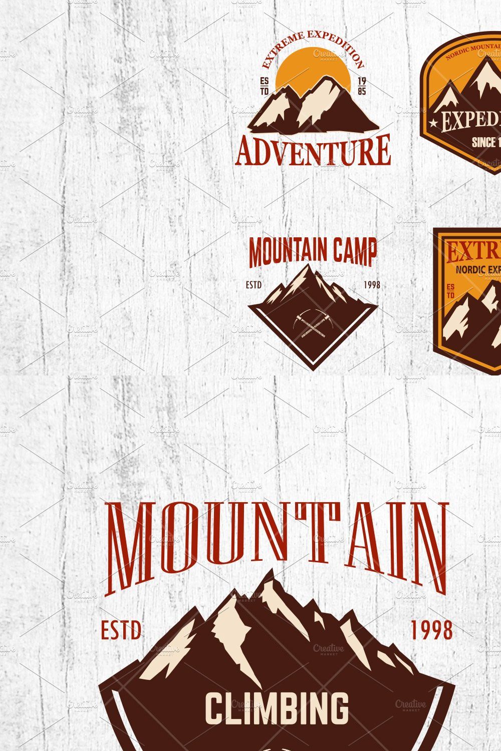 Set of mountain tourism emblems. pinterest preview image.