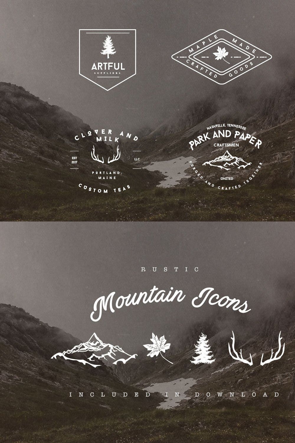 Set of Rustic Mountain Vector Badges pinterest preview image.