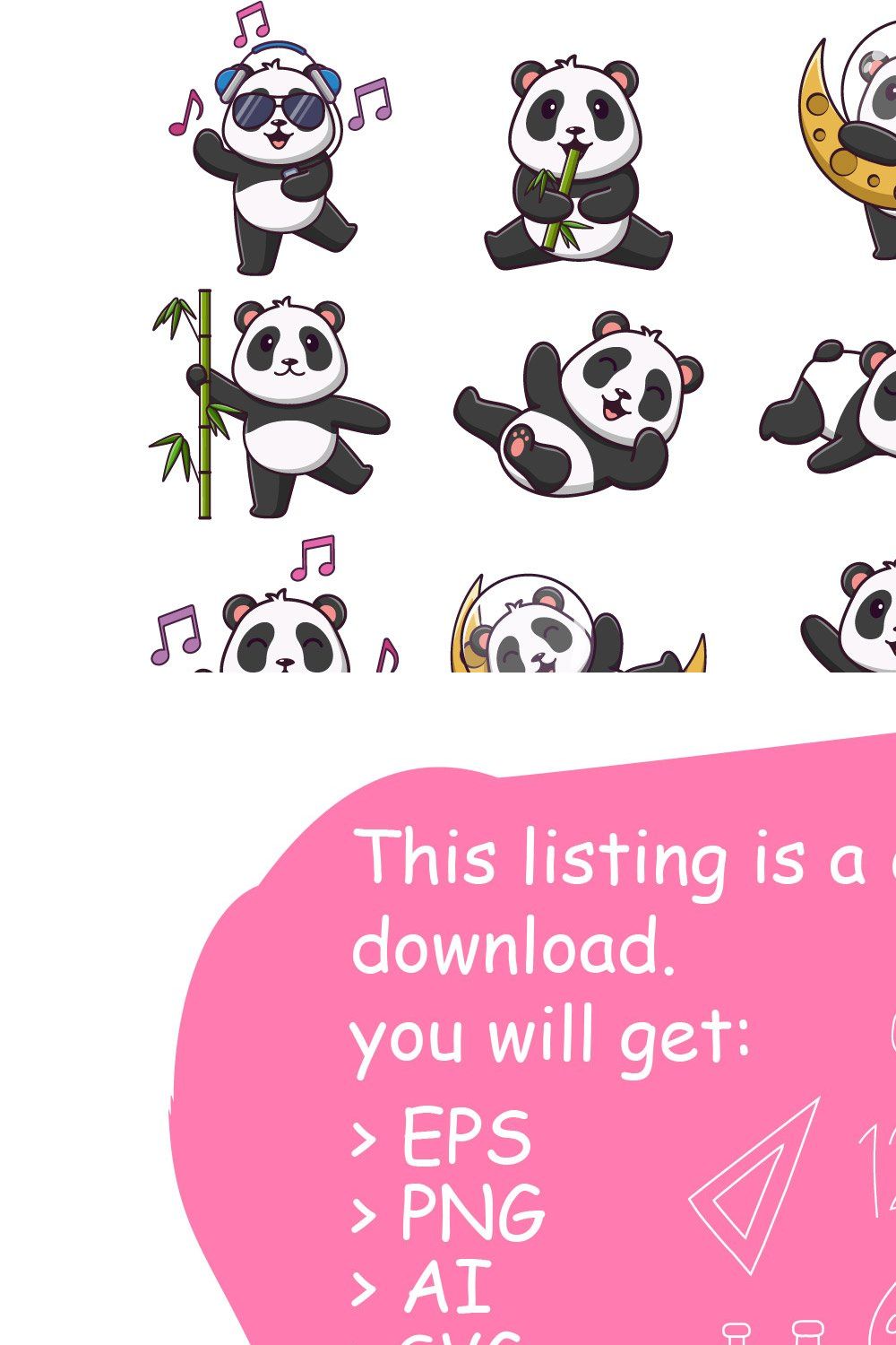 Set of twelve cute panda cartoon pinterest preview image.
