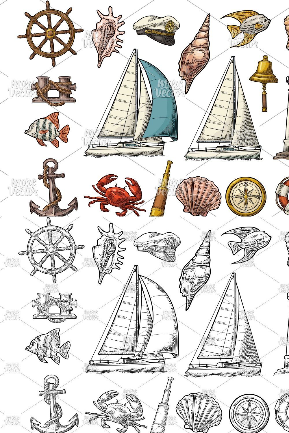 Set sailing ship, yacht. Engraving pinterest preview image.