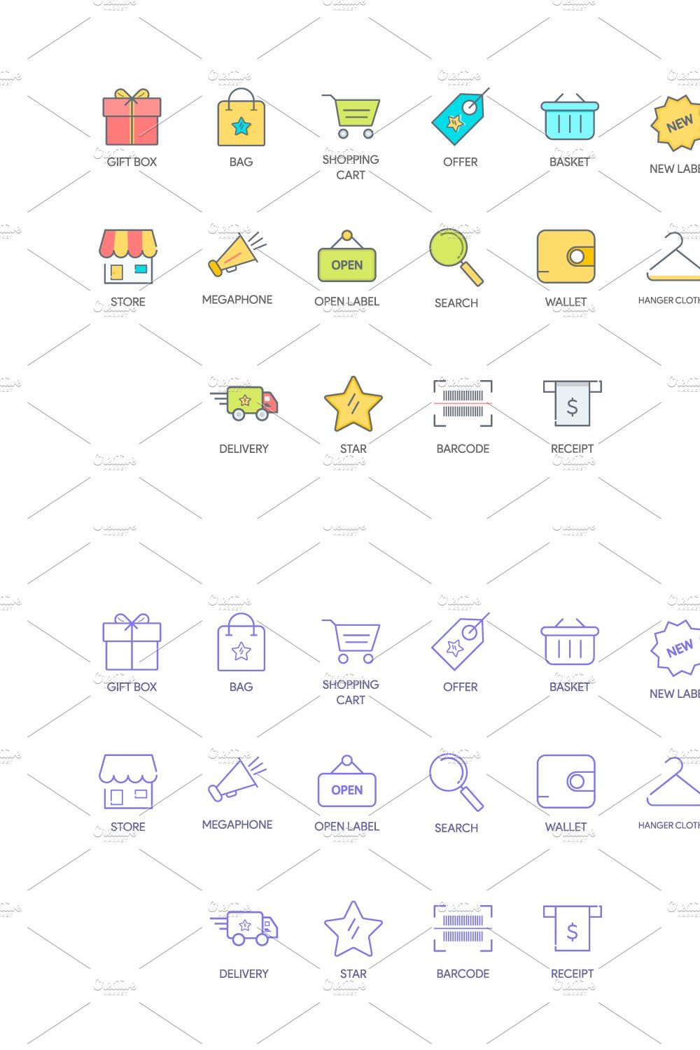Shopping - Line Colored Icons Set pinterest preview image.