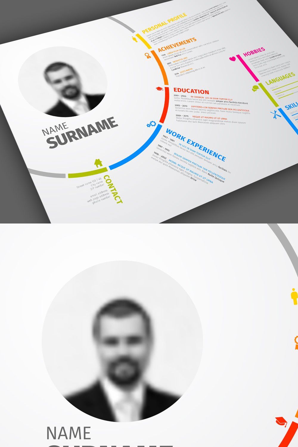 Simple resume with circle pinterest preview image.